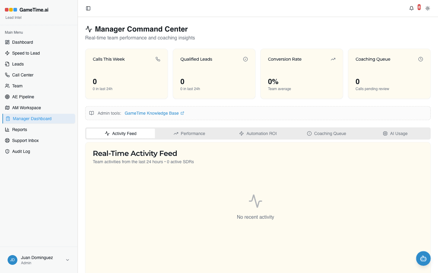 GameTime manager command center with live activity, conversion figures, and a coaching queue.