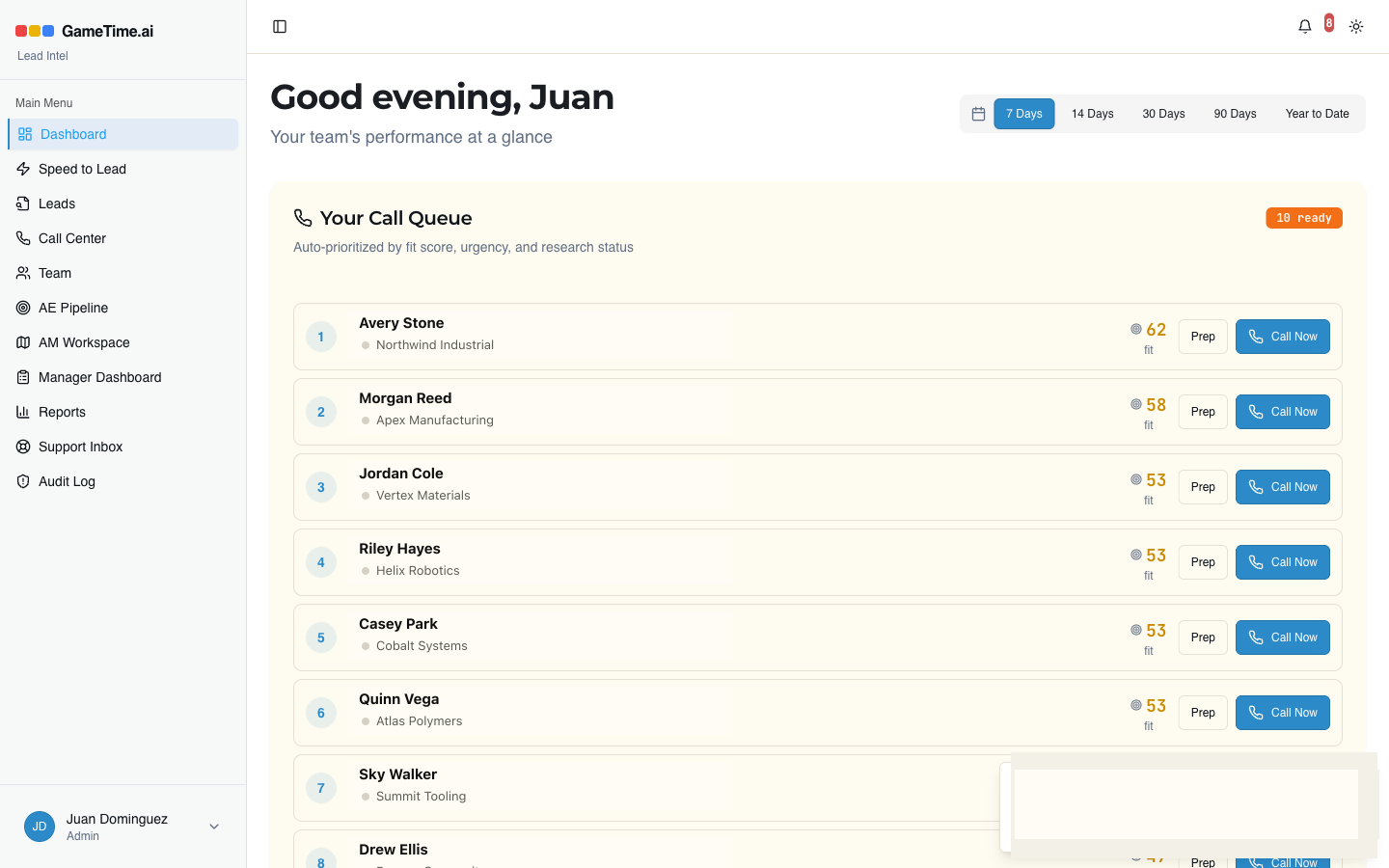 GameTime smart call queue with prioritized leads, fit scores, and prep buttons.