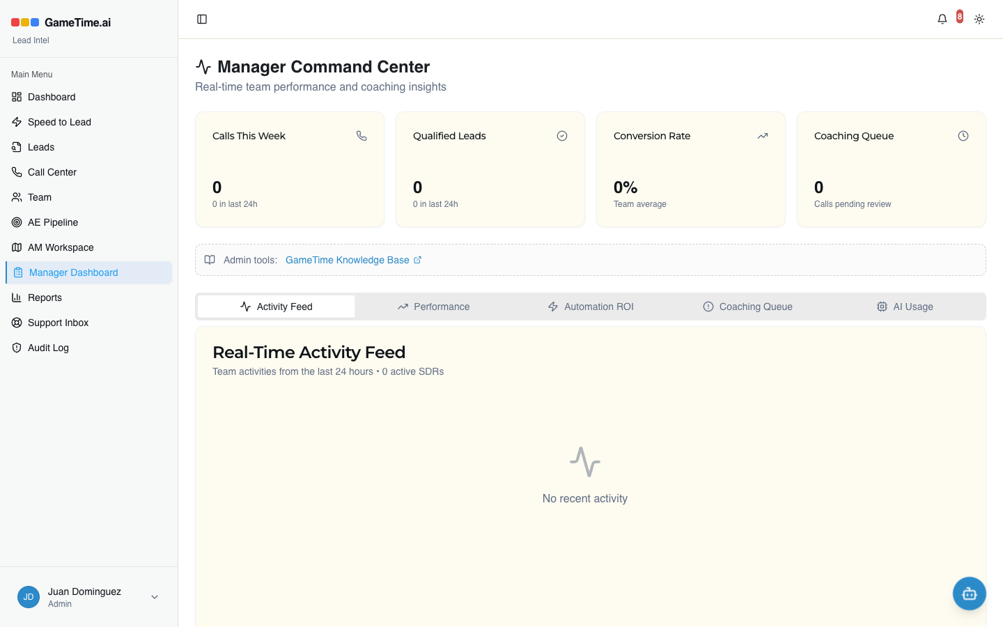 GameTime manager command center showing live KPIs and coaching queue.