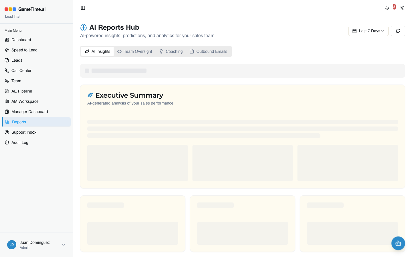 GameTime AI reports hub with executive summary and AI-generated insights.